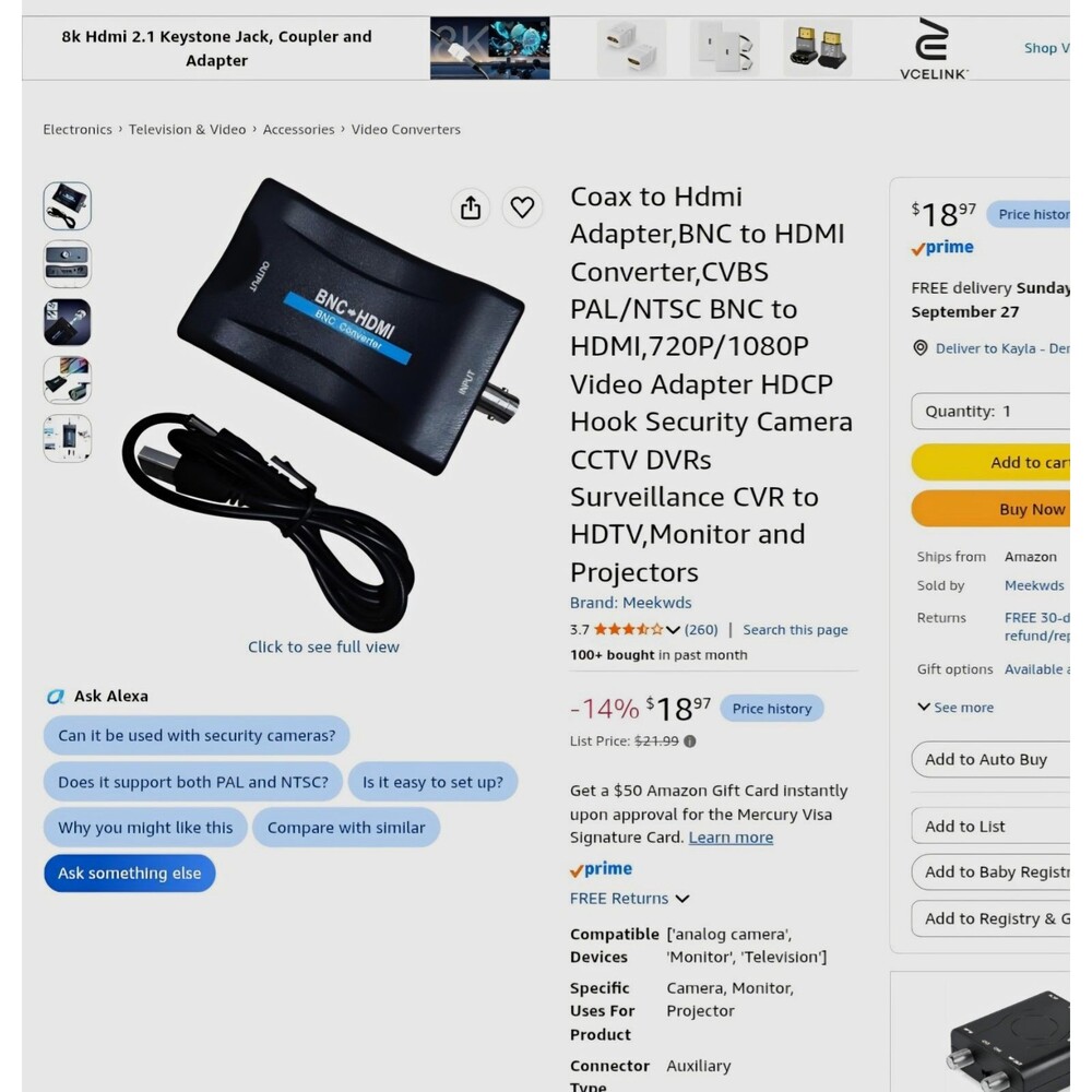 HDMI-BNC Adapter BNC Female to HDMI CVBS PAL/NTSC 720P/1080P 3ft